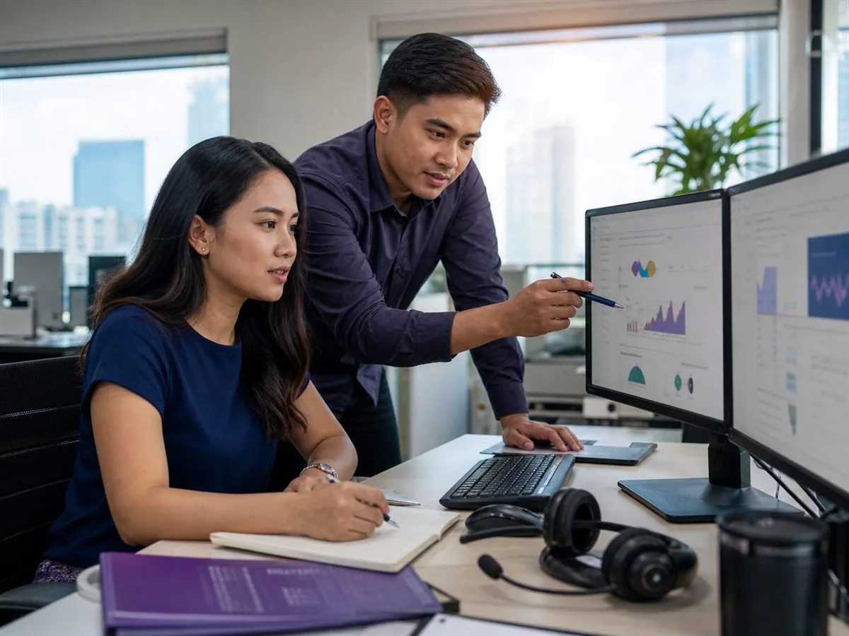 Filipino operations specialists reviewing business systems